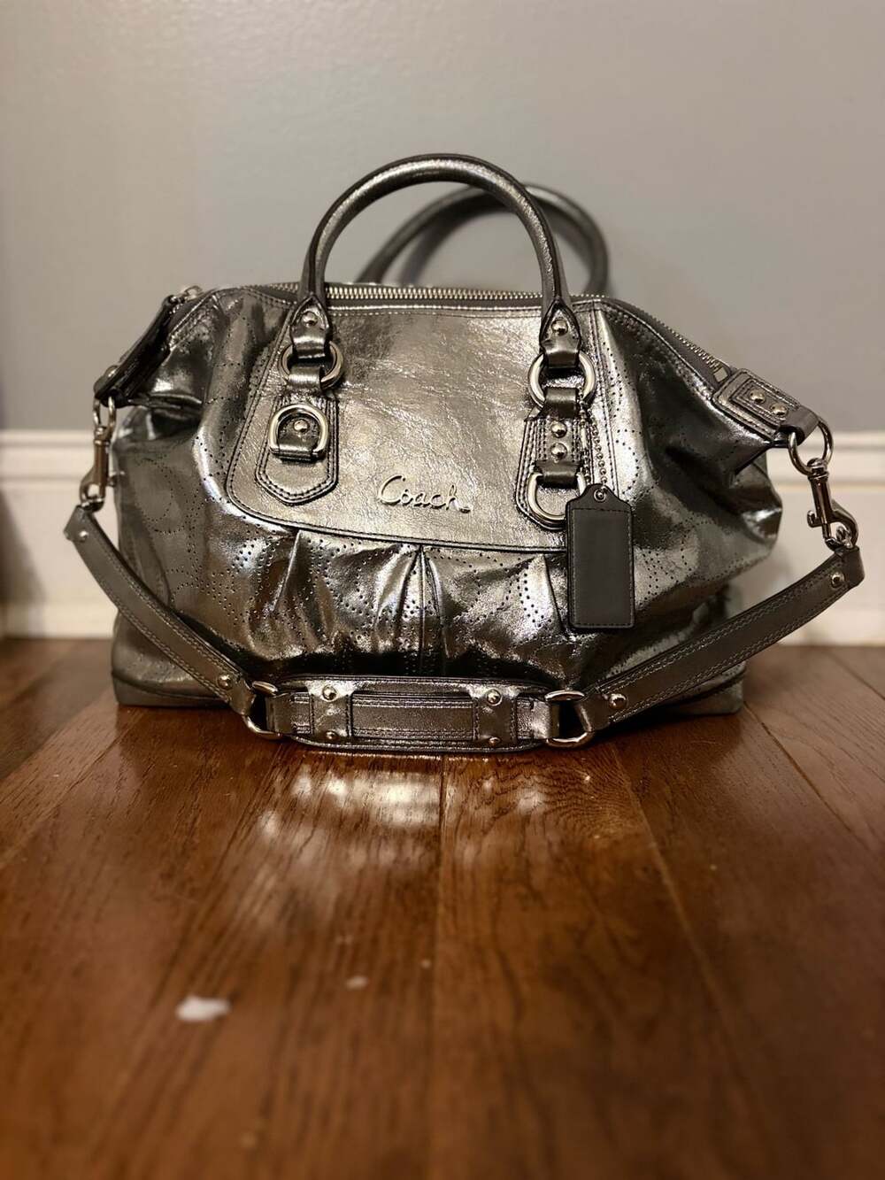 Coach Ashley Perforated Metallic Leather Satchel Handbag Silver